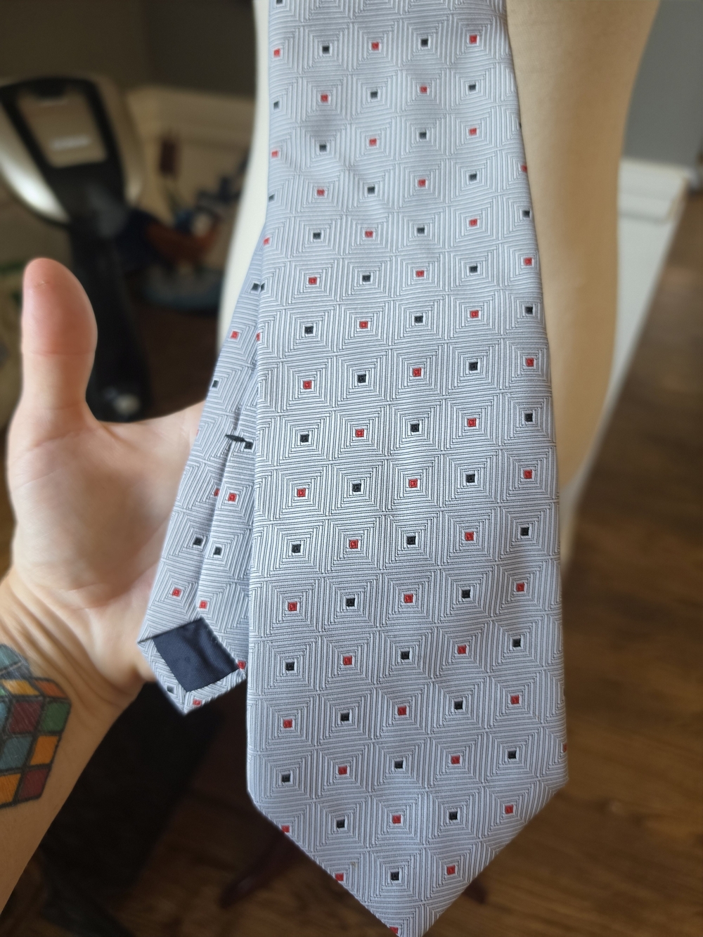 Vintage Scott Jordan 100% Silk Geometric Tie Geay Red Black